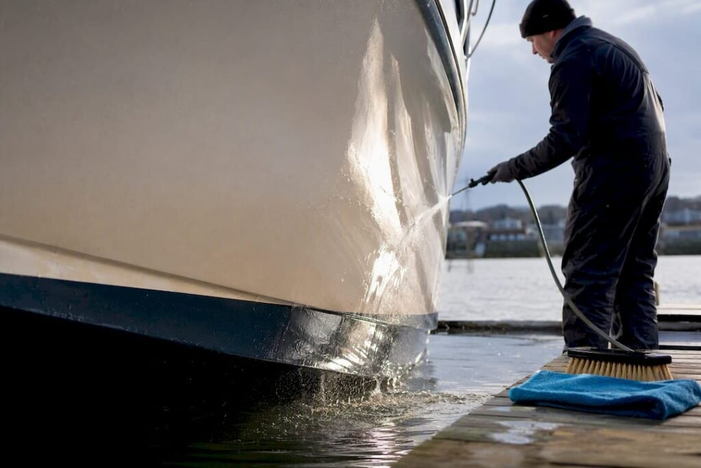 Technician rinsing a clean gelcoat hull