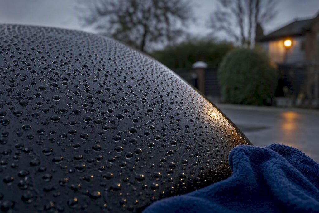 Water beads on hydrophobic vehicle paint