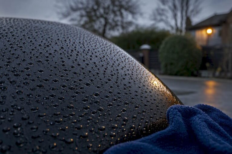 Water beads on hydrophobic vehicle paint