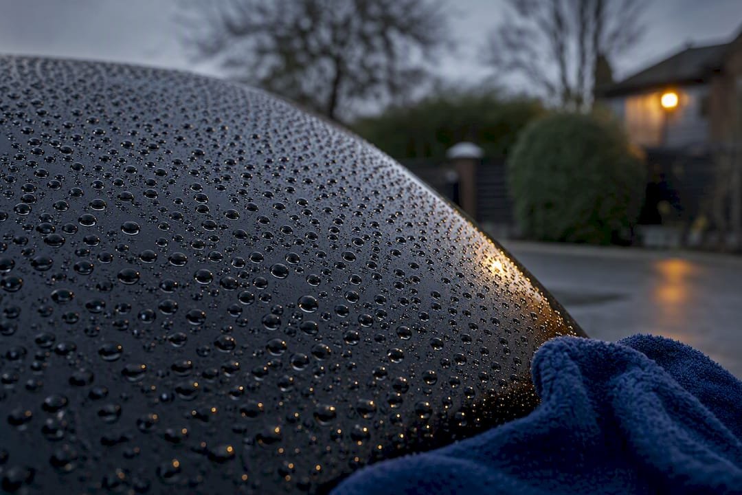 Water beads on hydrophobic vehicle paint