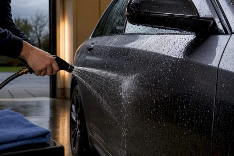 Hands rinsing a ceramic-coated paint panel