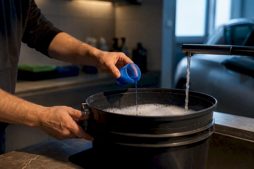 Measuring concentrated shampoo into wash bucket