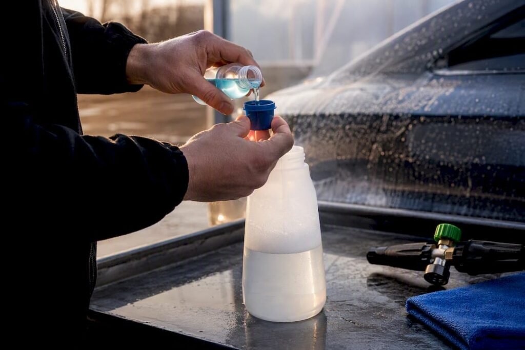 Hands measuring snow foam solution outdoors