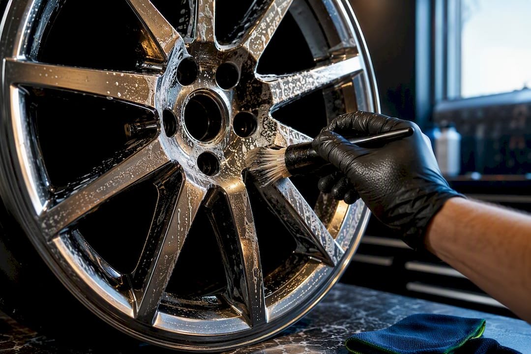 Non-acid cleaner applied to coated wheel