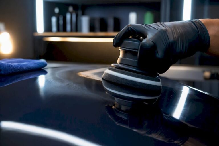 Detailer polishing a coated paint panel