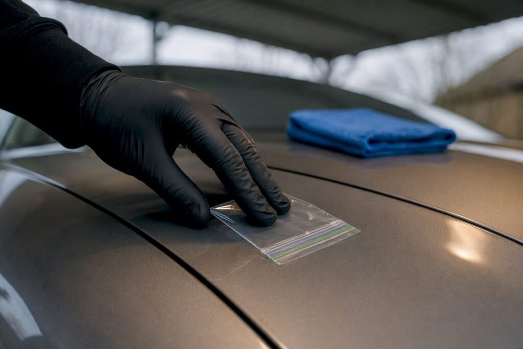 Hand performing baggie test on car paint