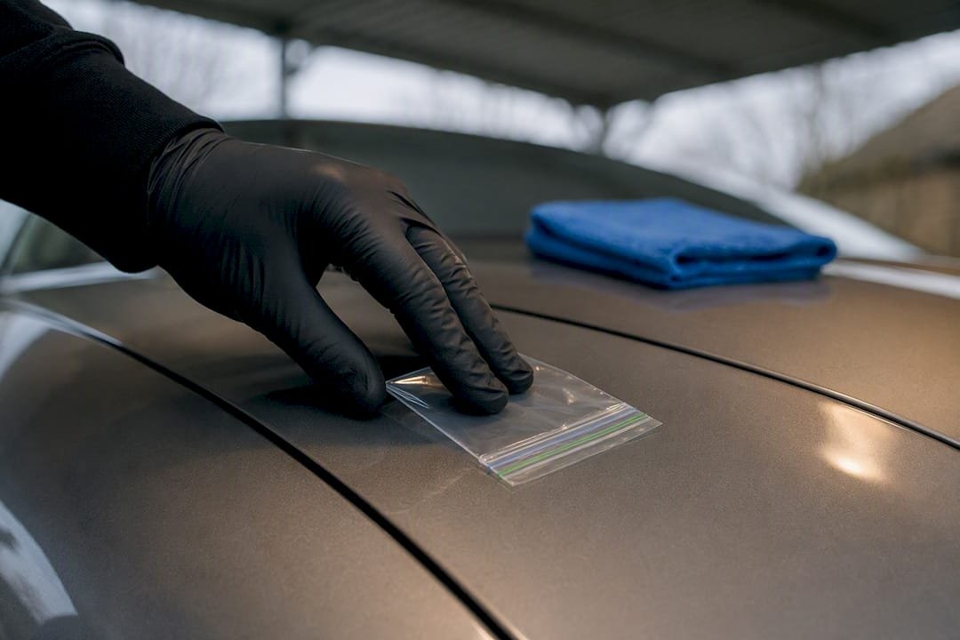 Hand performing baggie test on car paint