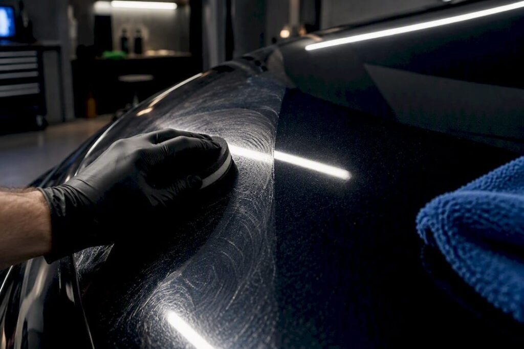 Detailer applying finish product to paintwork