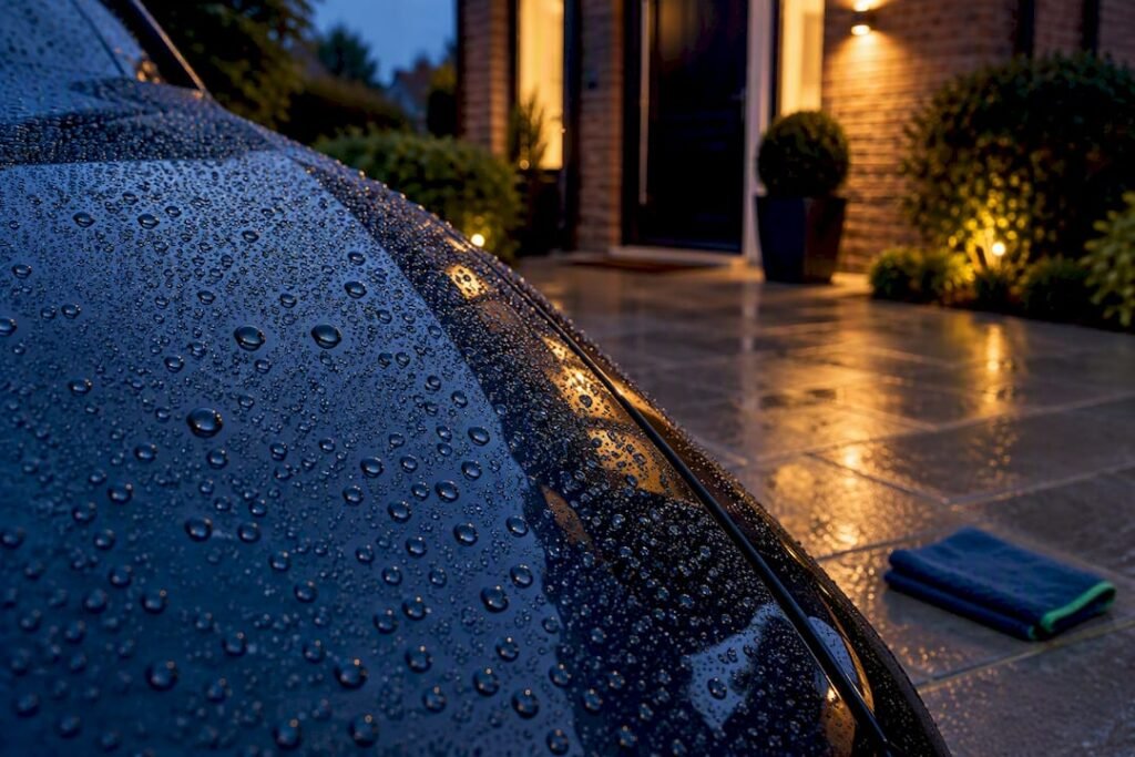 Water beads on protected vehicle paint