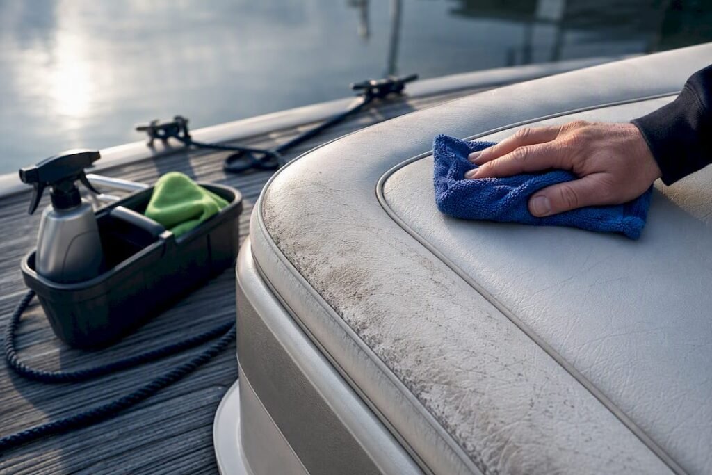 Marine vinyl seat being wiped clean