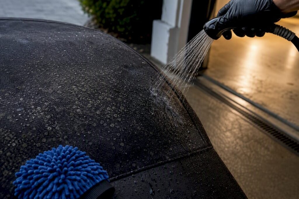 Mould-speckled soft-top fabric being gently rinsed