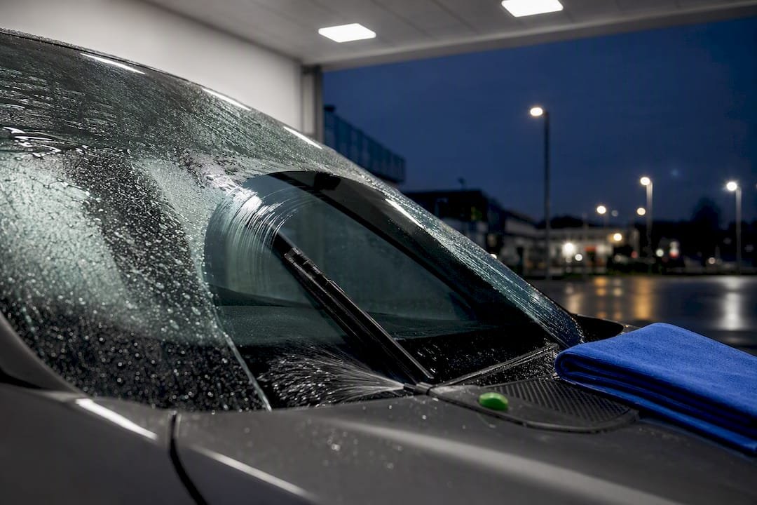 Windscreen wiper clearing rain during testing