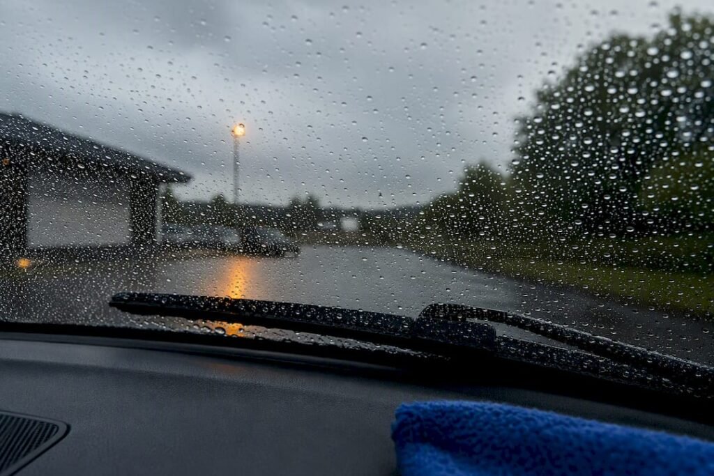 Rain beading across a ceramic-coated windscreen