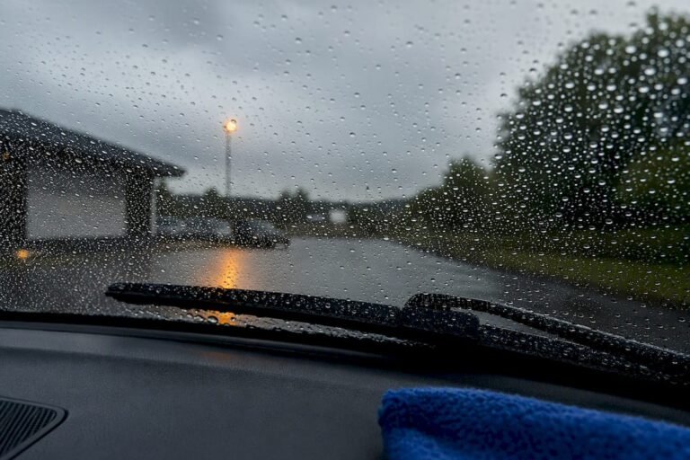 Rain beading across a ceramic-coated windscreen