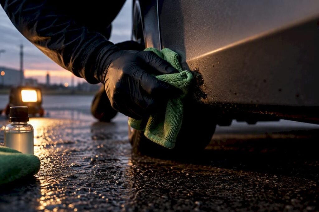 Detailer safely removing tar from car paint