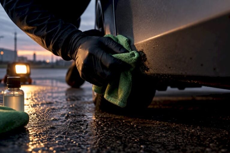Detailer safely removing tar from car paint