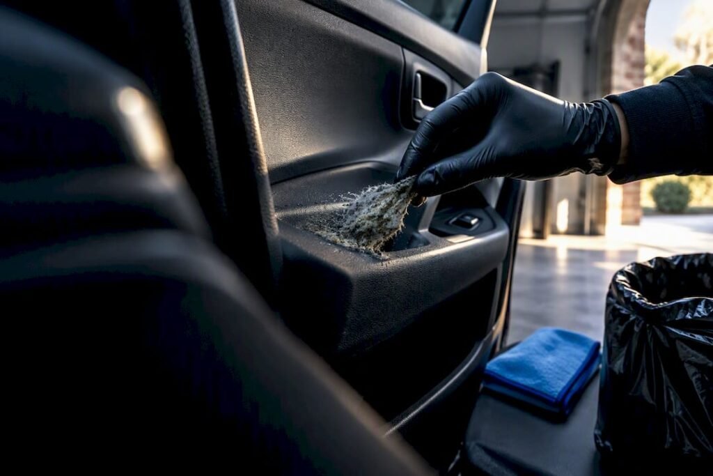 Gloved hand removing mould from car interior