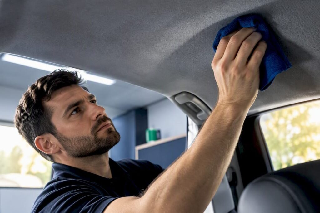 Detailer cleaning car headliner fabric