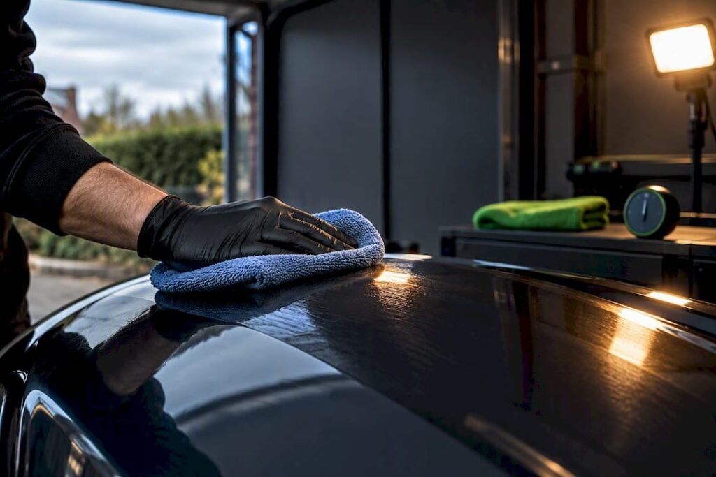 Detailer buffing freshly coated vehicle paint