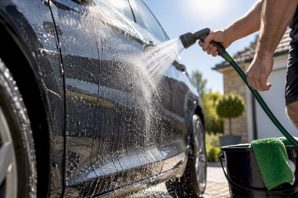 Detailer rinsing a car panel in sunlight