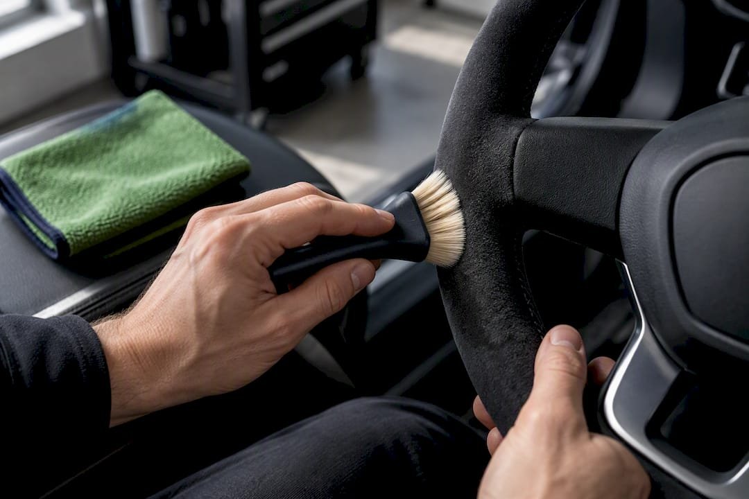 Dry brush lifting Alcantara steering wheel nap