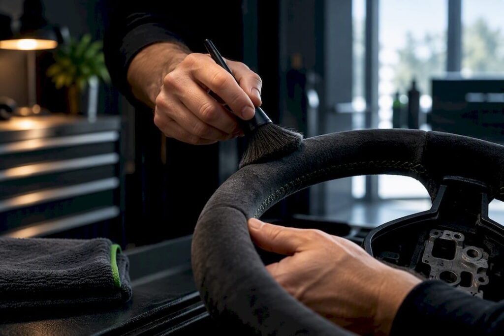 Brushing flattened Alcantara steering wheel fibres