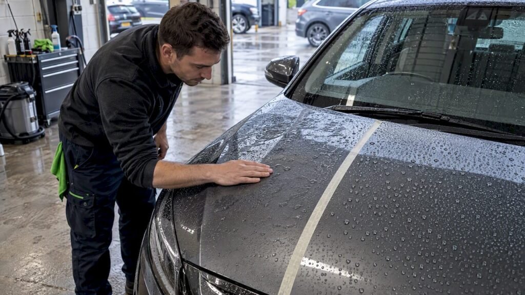 Detailer comparing water beading on car paint