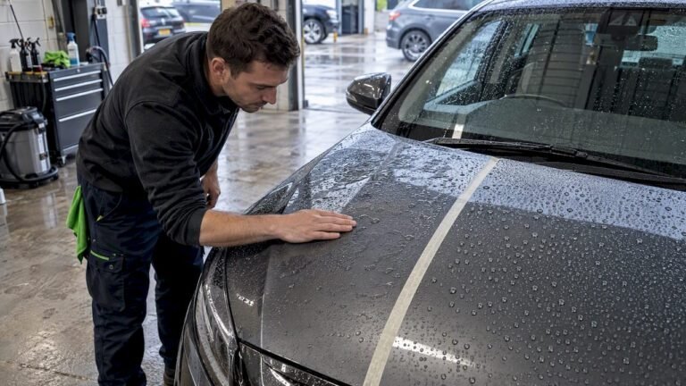 Detailer comparing water beading on car paint