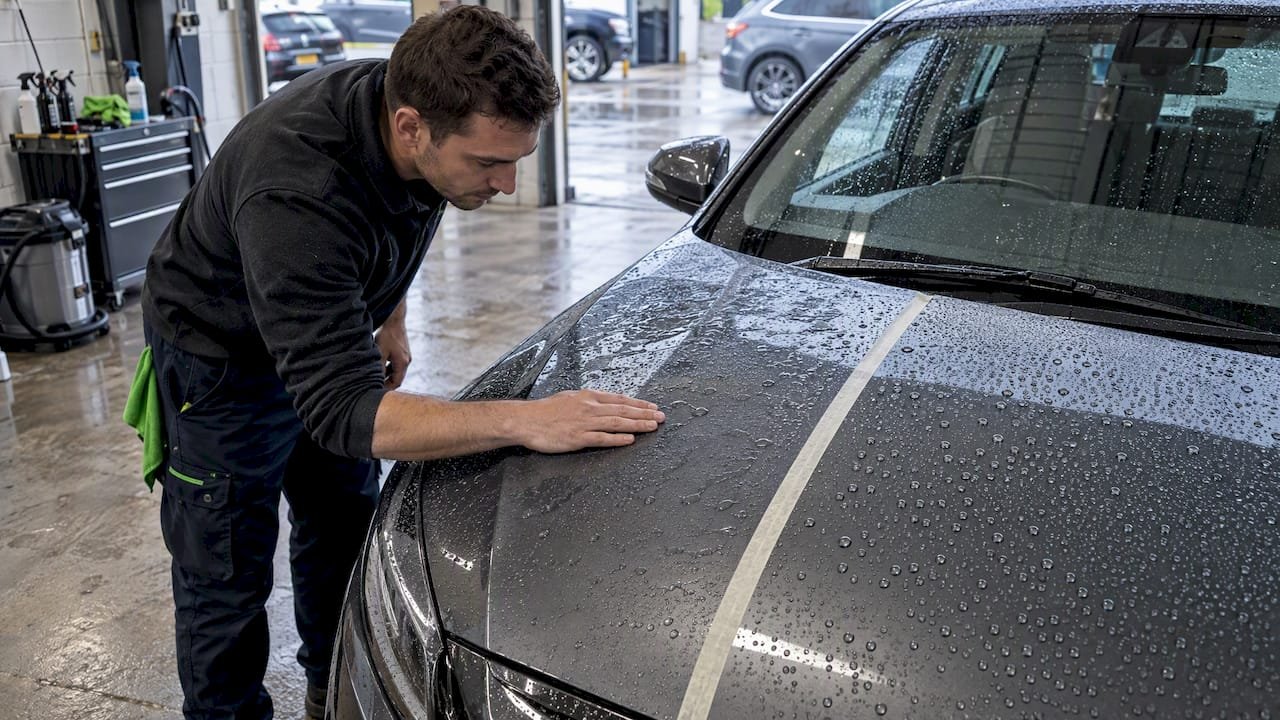 Detailer comparing water beading on car paint