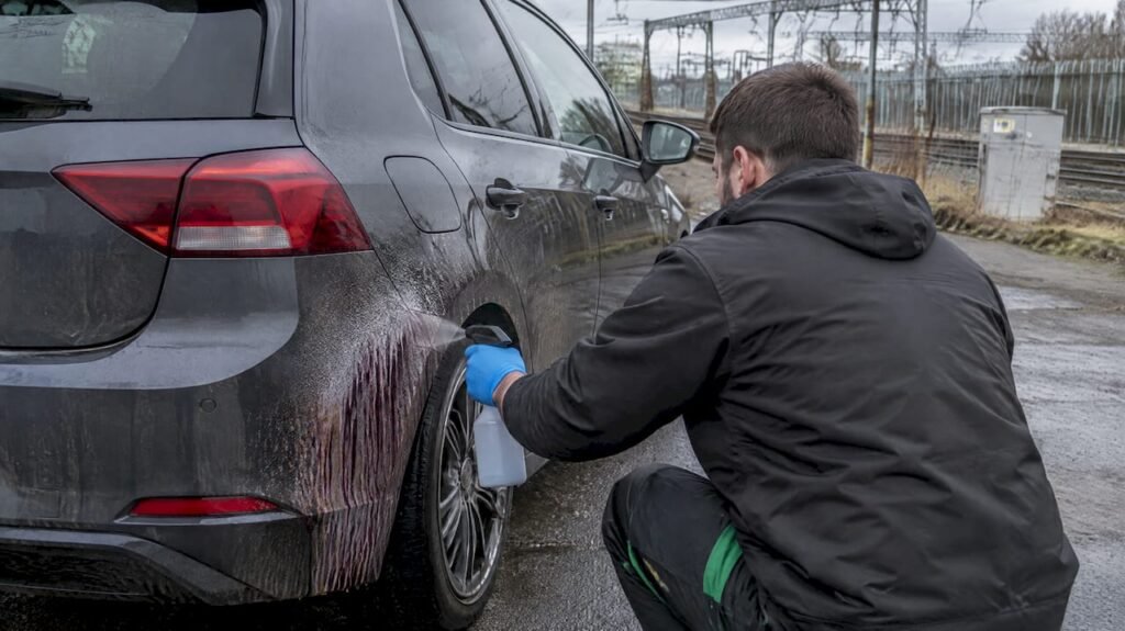 Iron remover reacting with rail dust on car paint