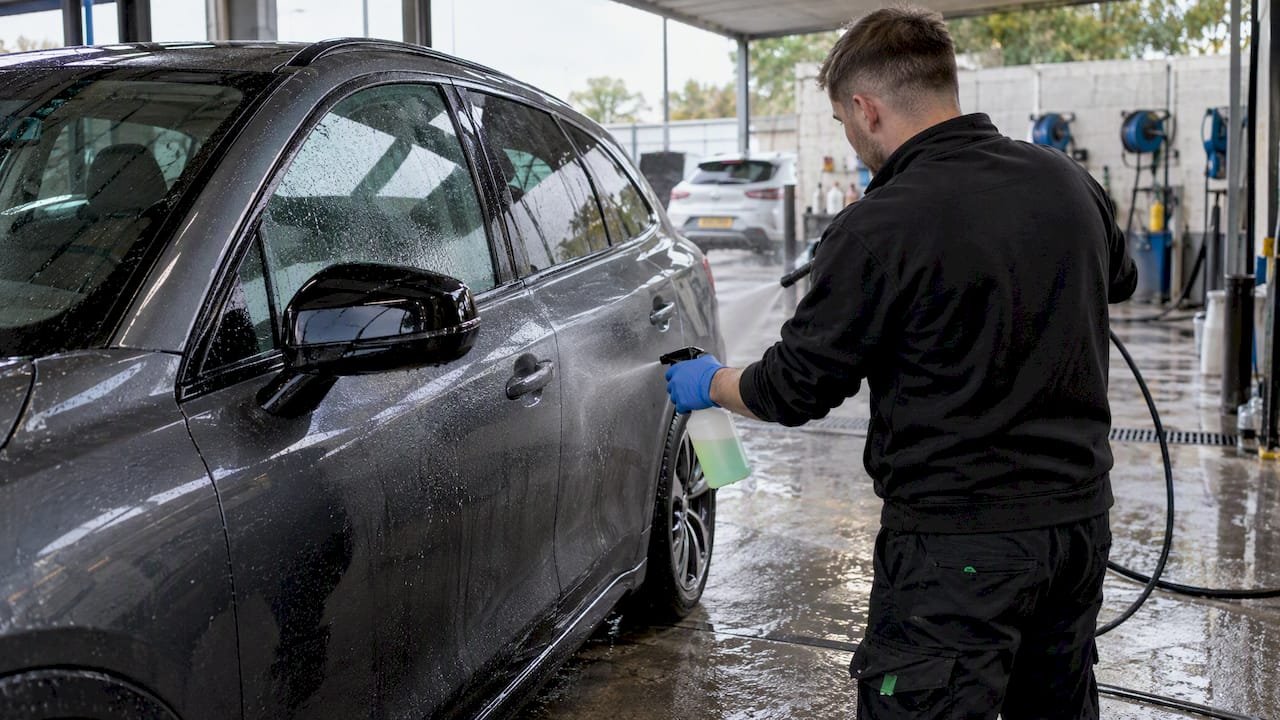 Detailer spraying wet car panel before rinsing