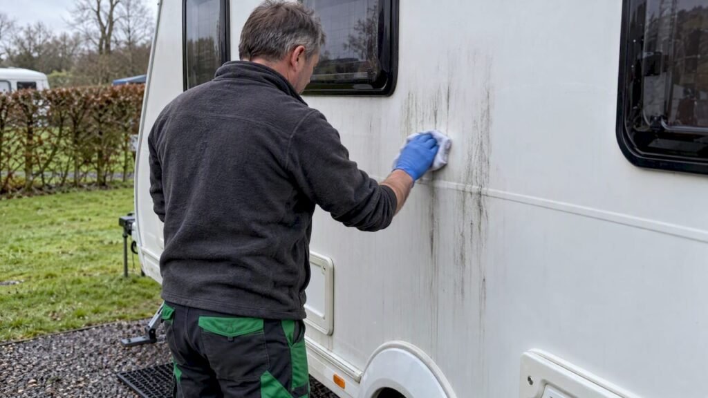 Owner removing black streaks from caravan