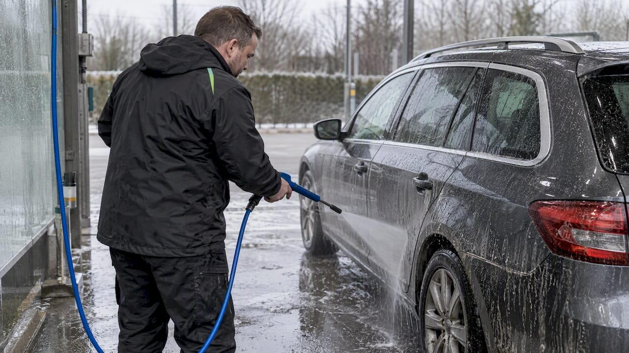 Driver rinses winter salt from car wheel arches