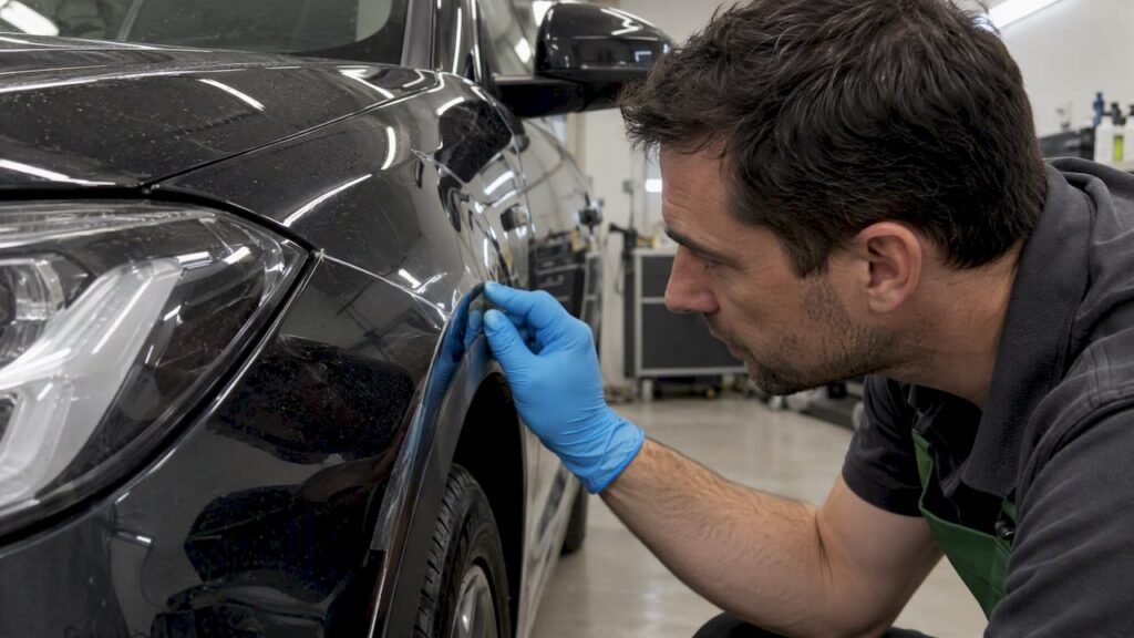 Detailer inspecting a PPF edge before coating