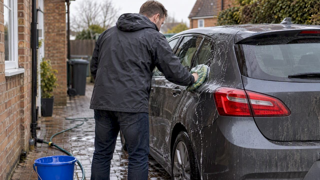 Car owner hand-washing a hatchback at home