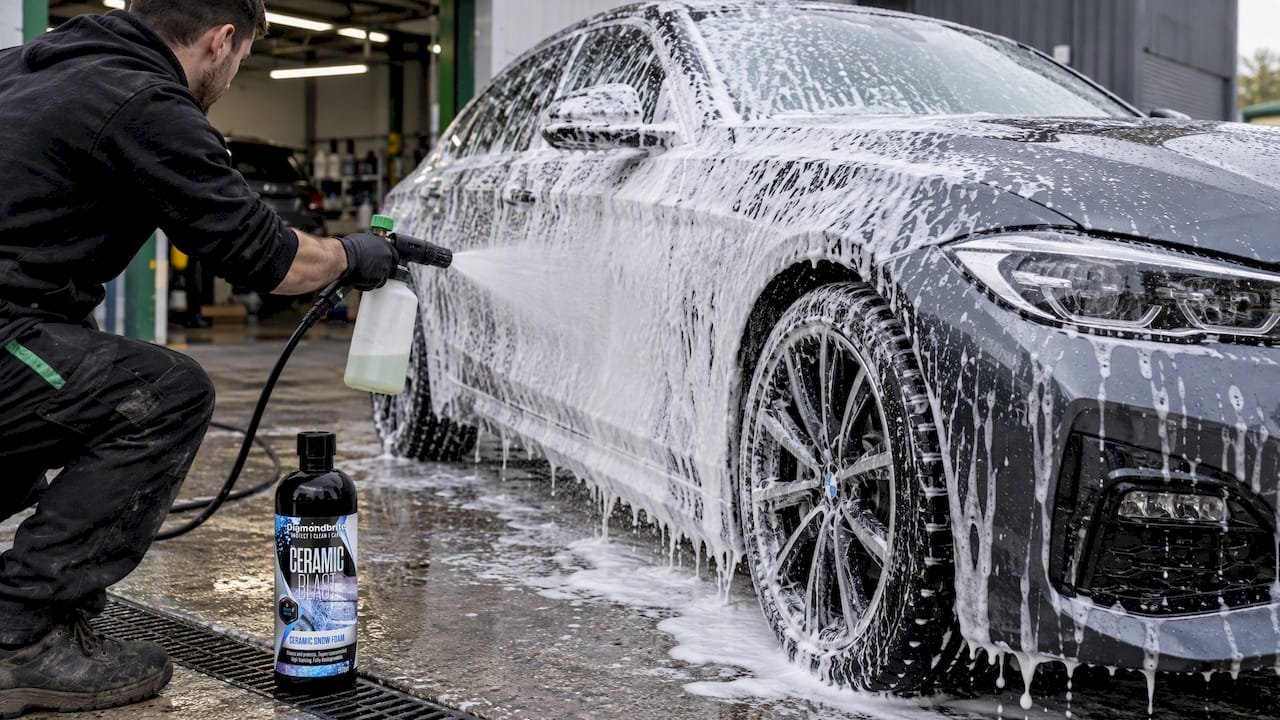 Snow foam prewash on a ceramic-coated car