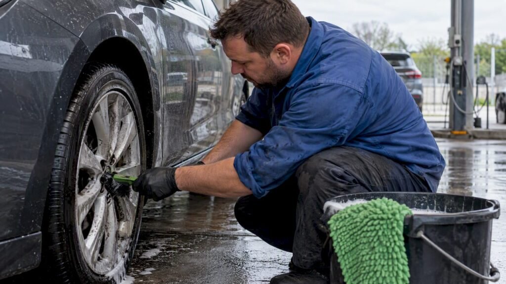 Detailer cleans wheel before washing car paint