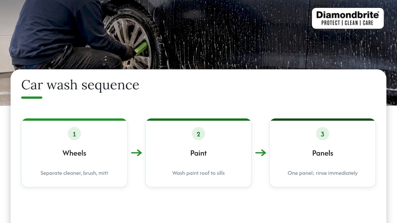 Wheel-first, top-to-bottom car washing sequence