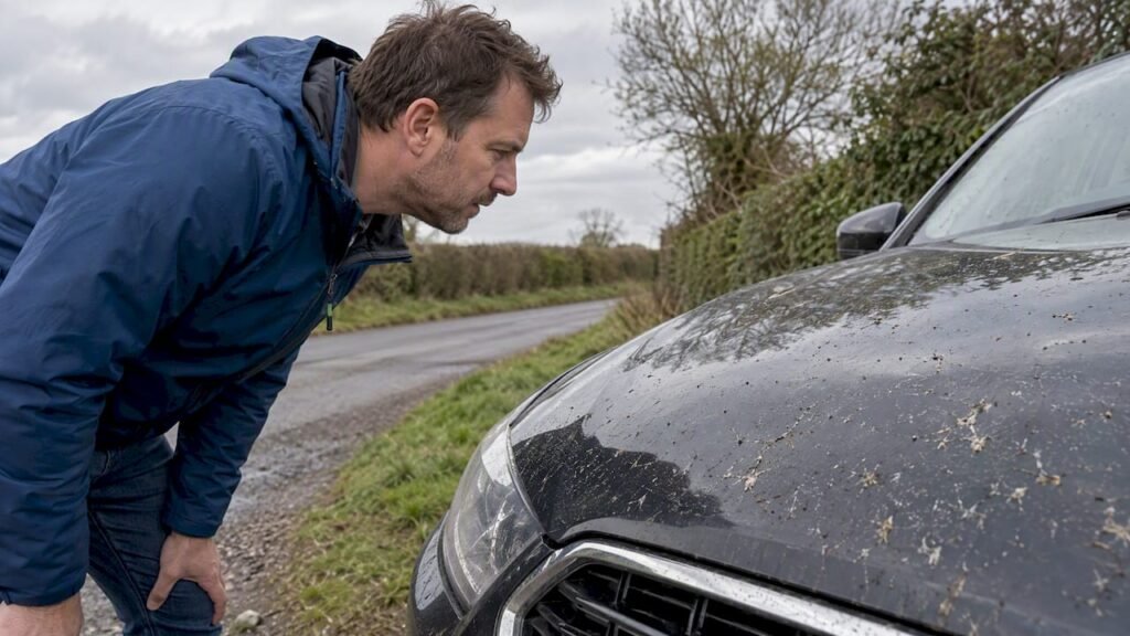 Driver inspecting insect splatter on a car bonnet