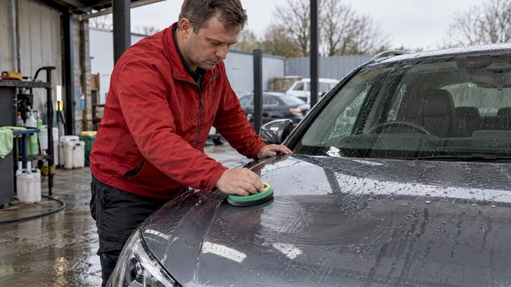 Detailer applying wax to a wet car