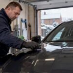 Detailer applying coating to a car bonnet
