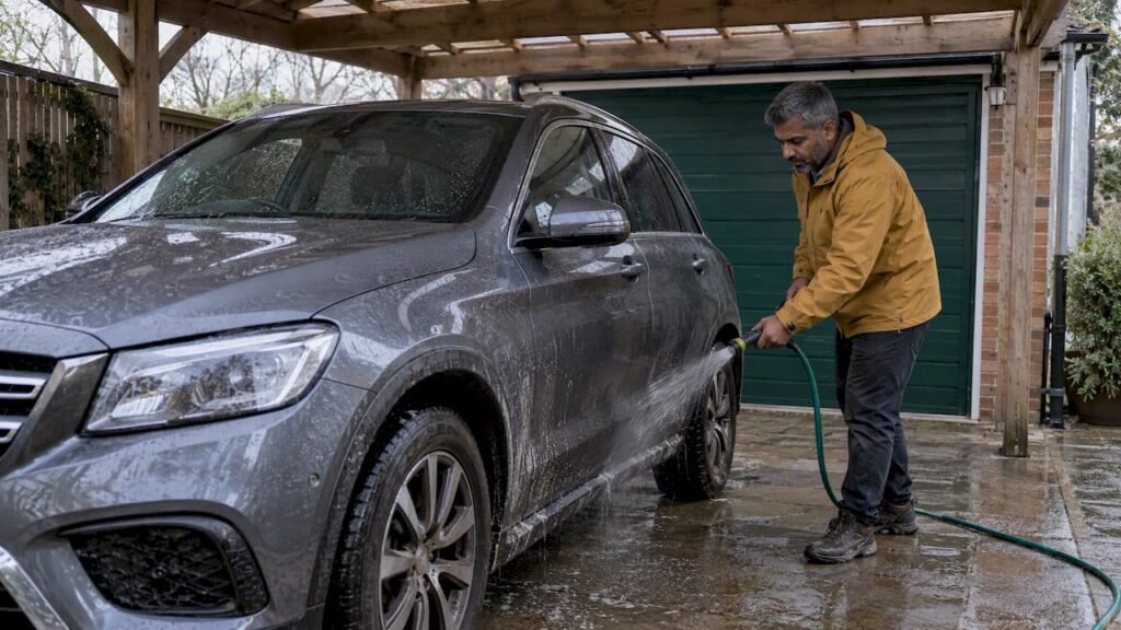 Owner rinsing winter road salt from car