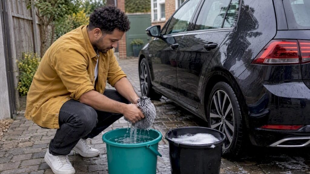 Car owner rinses mitt between two wash buckets