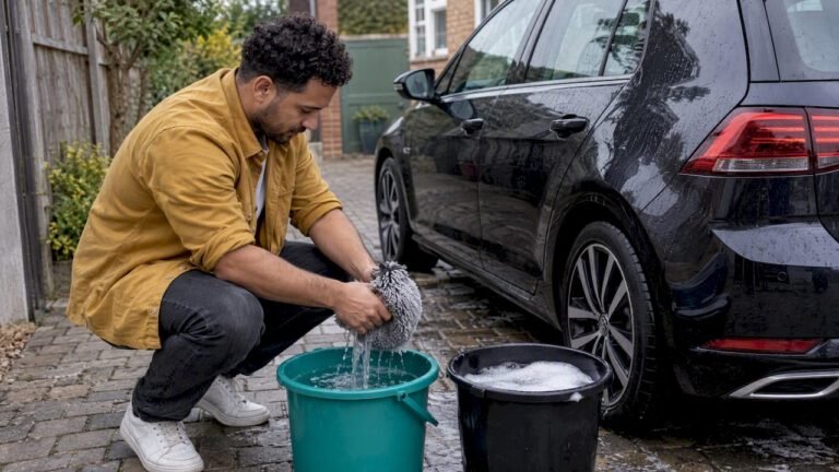 Car owner rinses mitt between two wash buckets