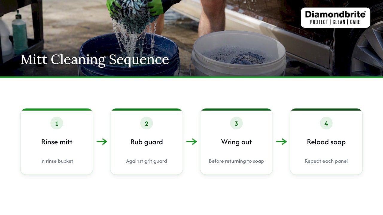 Sequence for rinsing and reloading a wash mitt