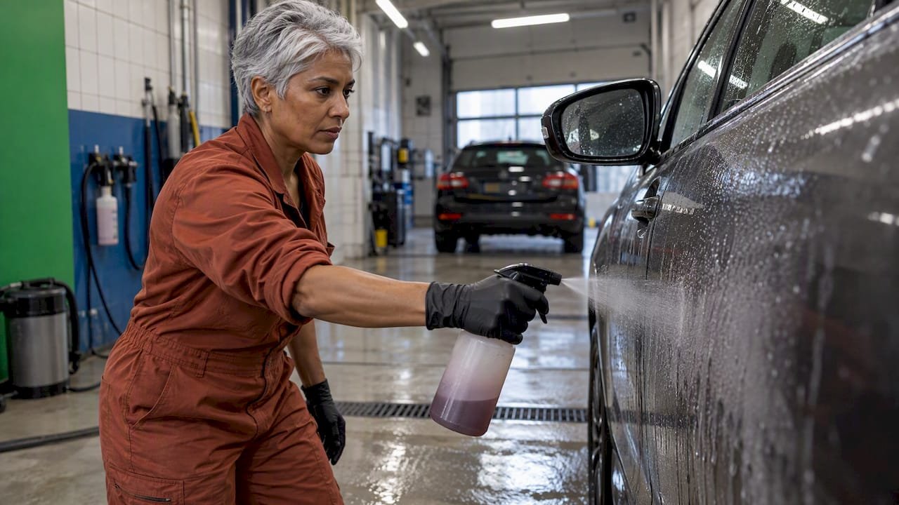Detailer applying iron remover to paint